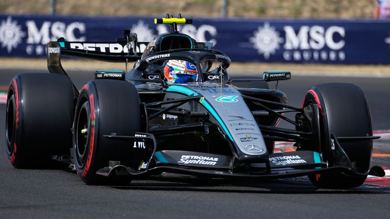 Mercedes driver Andrea Kimi Antonelli of Italy steers his car during a qualifying session ahead of Sunday's Formula One Hungarian Grand Prix auto race, at the Hungaroring racetrack in Mogyorod, near Budapest, Hungary, Saturday, July 25, 2026. (AP Photo/Darko Bandic)