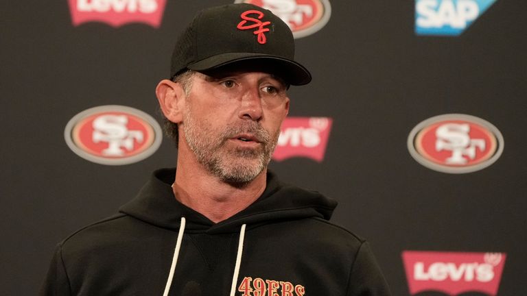San Francisco 49ers head coach Kyle Shanahan speaks at a news conference after an NFL football practice Thursday, May 28, 2026, in Santa Clara, Calif. (AP Photo/Jeff Chiu)
