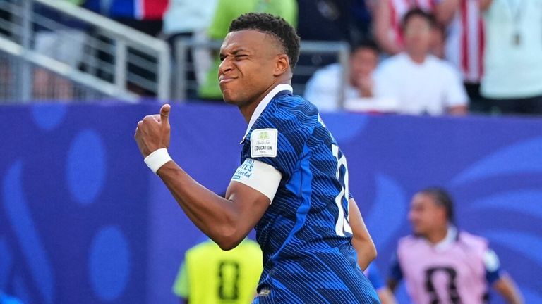 France's Kylian Mbappe celebrates after scoring from the penalty spot