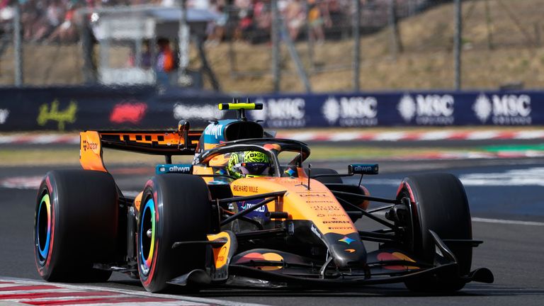 McLaren driver Lando Norris of Britain steers his car during a qualifying session ahead of Sunday's Formula One Hungarian Grand Prix auto race, at the Hungaroring racetrack in Mogyorod, near Budapest, Hungary, Saturday, July 25, 2026. (AP Photo/Darko Bandic)