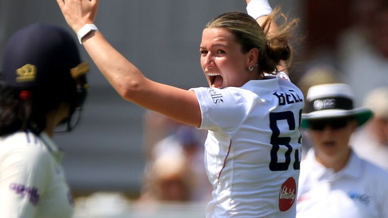 Lauren Bell appeals in the England-India Women's Test match at Lord's