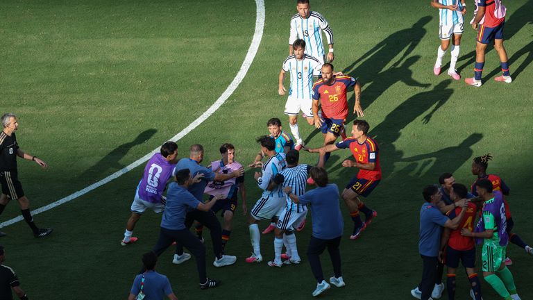 Leandro Paredes of Argentina and Gavi of Spain are involved in an altercation after the FIFA World Cup Final between Spain and Argentina at New York New Jersey Stadium in East Rutherford, New Jersey. (Photo by Pat Isaacs/MI News/NurPhoto)