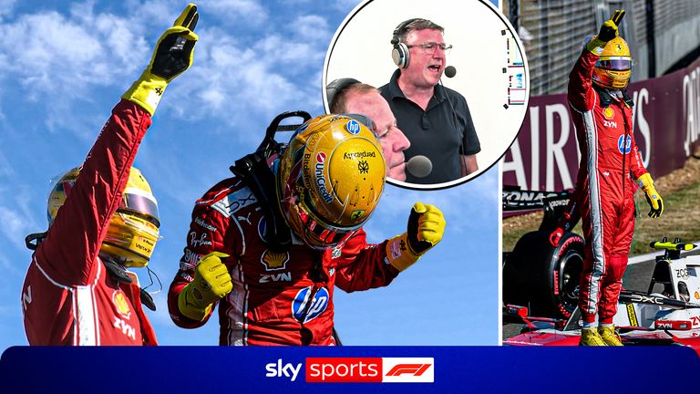 Watch the commentary box camera of Sky Sports' David Croft commentating on Lewis Hamilton getting Sprint pole at the British Grand Prix.