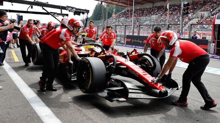 Ferrari driver Lewis Hamilton of Britain in the pitland during the first practice session ahead of the Formula One Grand Prix at the Spa-Francorchamps racetrack in Spa, Belgium, Friday, July 17, 2026. (AP Photo/Geert Vanden Wijngaert)