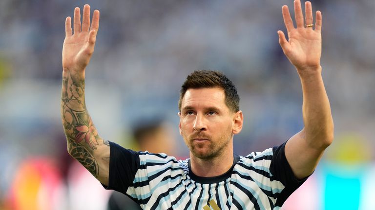 Argentina's Lionel Messi waves to the crowd before the World Cup round of 32 soccer match against Cape Verde in Miami 