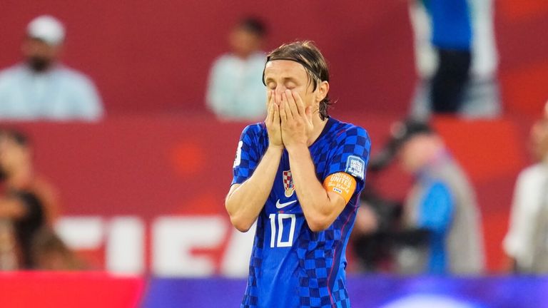 Croatia's Luka Modric (10) reacts to a goal by Portugal during  the second half of the World Cup round of 32 soccer match between Portugal and Croatia in Toronto, Thursday, July 2, 2026. (Chris Young/The Canadian Press via AP)