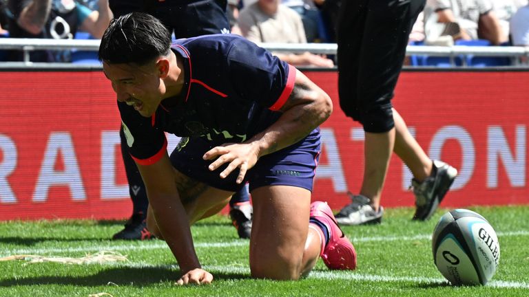 England's Marcus Smith scores a bizarre try during the Nations Championship match  with Fiji at the Hill Dickinson Stadium