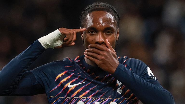 Tottenham's Mathys Tel celebrates scoring a goal during the Sydney Super Cup football match between Tottenham Hotspur