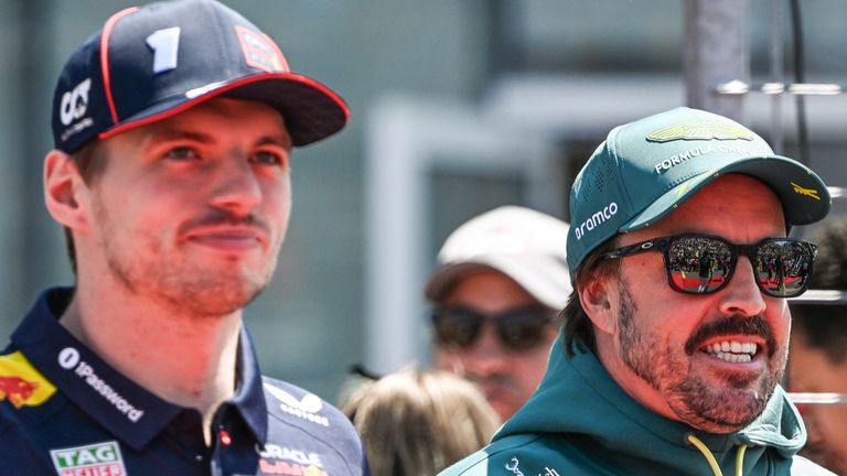 MONTREAL, CANADA ... JUNE 15:.Max Verstappen of Netherlands and Oracle Red Bull Racing Team seen with Fernando Alonso of Spain Aston Martin Aramco F1 Team, are seen during the drivers... parade ahead of the Formula 1 Canadian Grand Prix at Circuit Gilles-Villeneuve in Montreal, Quebec, Canada, on June 15, 2025. (Photo by Artur Widak/NurPhoto)