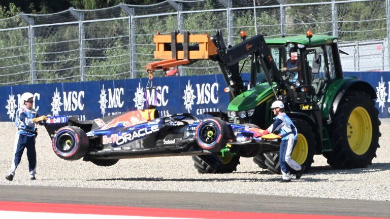 June 27, 2026, Red Bull Ring, Spielberg, Formula 1 Austrian Grand Prix 2026 , in the picture Accident of Max Verstappen (NLD), Oracle Red Bull Racing in the penultimate corner during qualifying in Spielberg. Photo by: Hasan Bratic/picture-alliance/dpa/AP Images