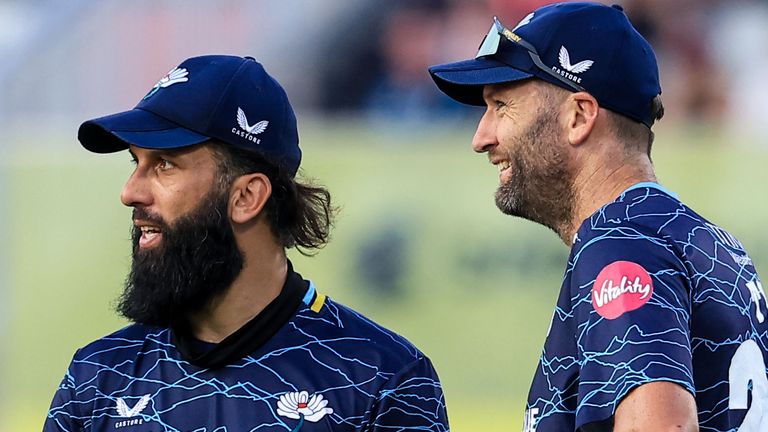 Moeen Ali and Andrew Tye of Yorkshire during the Vitality T20 Blast match between Lancashire Lightning and Yorkshire at Old Trafford, Manchester, on July 10, 2026. (Photo by Chris Donnelly/MI News/NurPhoto)