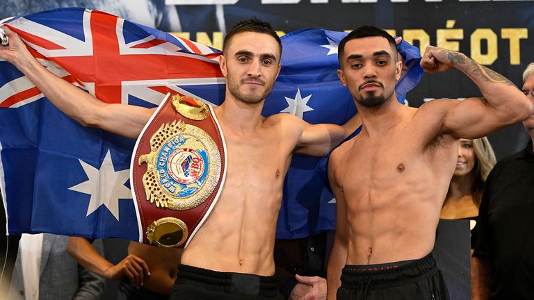 Boxers Jason Moloney, left, and Saul Sanchez pose at their weigh-in (Patrice Laroche/The Canadian Press via AP)