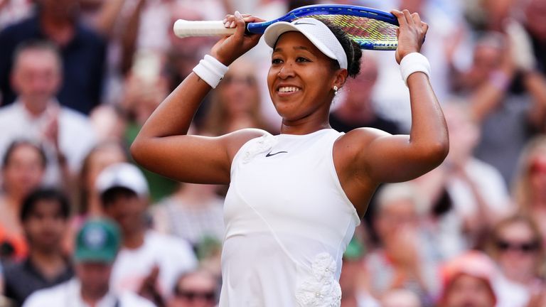 Naomi Osaka of Japan celebrates following her her Ladies' Singles match against Aryna Sabalenka on day seven of the 2026 Wimbledon Champions
