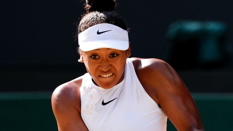 Naomi Osaka of Japan during her Ladies' Singles match against Karolina Muchova of the Czech Republic on day nine of the 2026 Wimbledon Champ