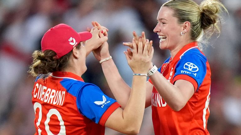 Nat Sciver-Brunt and Lauren Bell celebrate as England edged closer to a Women's T20 World Cup final against Australia
