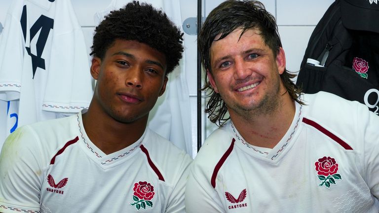  Noah Caluori and Benhard Janse van Rensburg of England following the rugby international match between France XV and England XV at Stade de