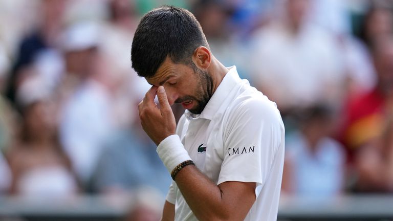 Novak Djokovic of Serbia reacts during the men's quarter-final singles match against Felix Auger-Aliassime of Canada at the Wimbledon Tennis Championships in London, Tuesday, July 7, 2026.(AP Photo/Kirsty Wigglesworth)