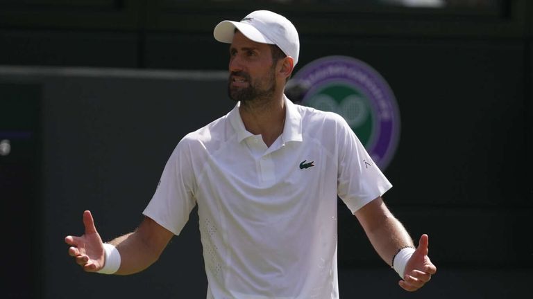 Novak Djokovic of Serbia reacts after losing a point to Roman Saffiulin of Russia in their fourth round men's singles match at the Wimbledon Tennis Championships in London, Sunday, July 5, 2026. (AP Photo/Brian Inganga)