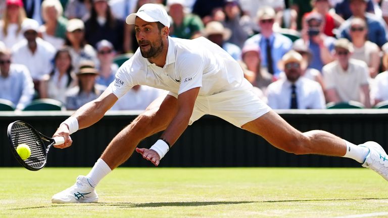 Novak Djokovic of Serbia during his Gentlemen's Singles match against Arthur Rinderknech of France on day five of the 2026 Wimbledon Champio