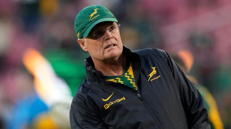 South Africa's head coach Rassie Erasmus watches on his players warming up for the Nations Championship Test rugby match between South Africa and England, in Johannesburg, Saturday, July 4, 2026. (AP Photo/Themba Hadebe)