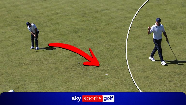 Rory McIlroy sinks a huge putt at the Genesis Scottish Open to make eagle on the first hole.