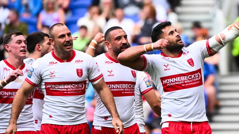Picture by Olly Hassell/SWpix.com - 04/07/2026 - Rugby League - Betfred Super League Round 17: Magic Weekend - Hull KR v Hull FC - Hill Dickinson Stadium, Liverpool, England - Rhyse Martin of Hull KR celebrating his try