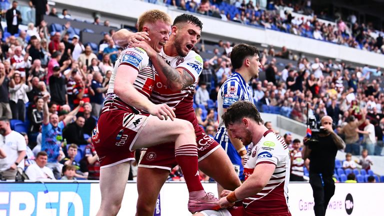 Picture by Olly Hassell/SWpix.com - 05/07/2026 - Rugby League - Betfred Super League Round 17: Magic Weekend - Wigan Warriors v St Helens - Hill Dickinson Stadium, Liverpool, England - Zach Eckersley of Wigan celebrating his try