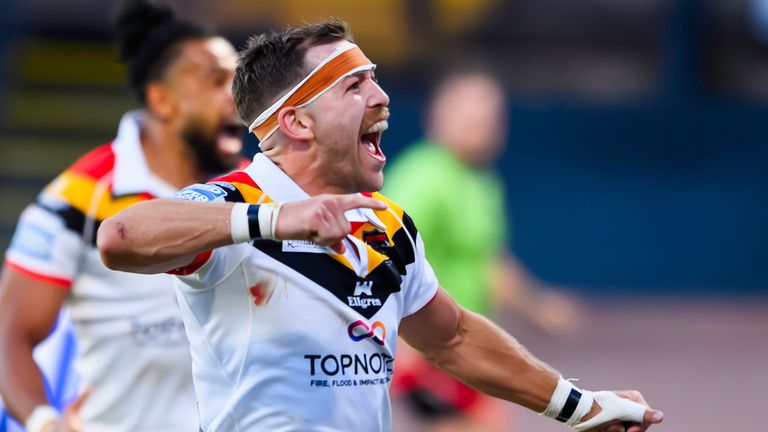 Picture by Allan McKenzie/SWpix.com - 16/07/2026 - Rugby League - Betfred Super League Round 19 - Bradford Bulls v Wakefield Trinity - Bartercard Odsal Stadium, Bradford, England - Bradford's Chris Atkin celebrate scoring a try against Wakefield.