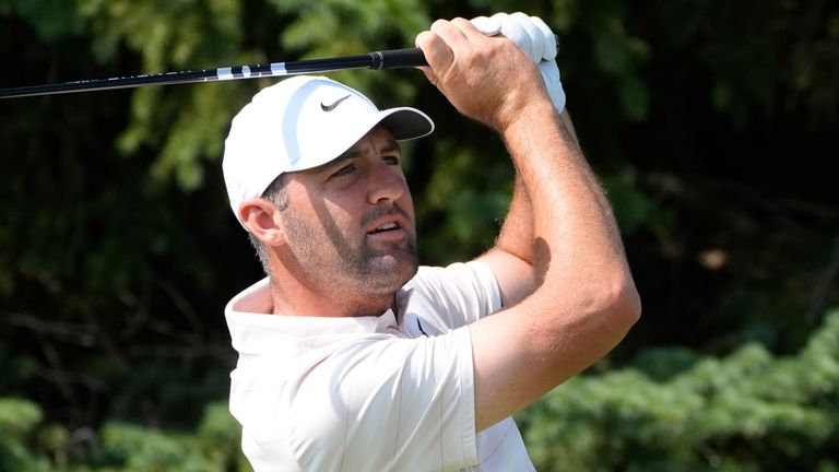 Scottie Scheffler hits from the second tee during the first round of the 3M Open golf tournament at the Tournament Players Club Thursday, July 23, 2026, in Blaine, Minn. (AP Photo/Bruce Kluckhohn)