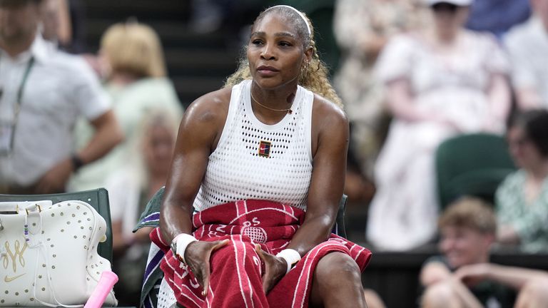 Serena Williams of the United States during a break in her Ladies' Singles match against Maya Joint of Australia on day two of the 2026 Wimb