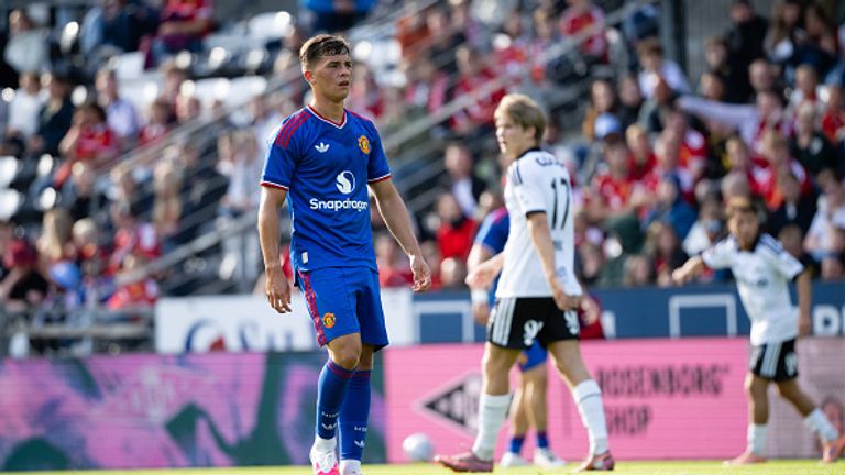 TRONDHEIM, NORWAY - JULY 24: Shea Lacey of Manchester United in action during the pre-season friendly match between Rosenborg and Manchester United at Lerkendal Stadion on July 24, 2026 in Trondheim, Norway. (Photo by Ash Donelon/Manchester United via Getty Images)