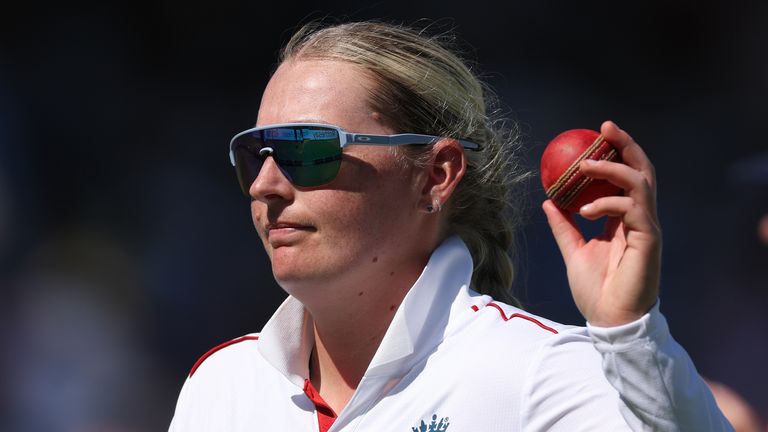 Sophie Ecclestone celebrates her five-wicket haul in the second innings of the Lord's Test against India