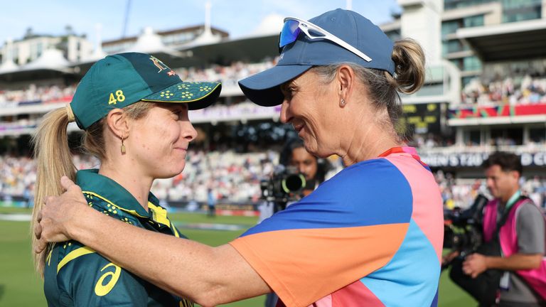 Australia captain Sophie Molineux (left) and England head coach Charlotte Edwards (right) after the Women's T20 Word Cup final (Getty)