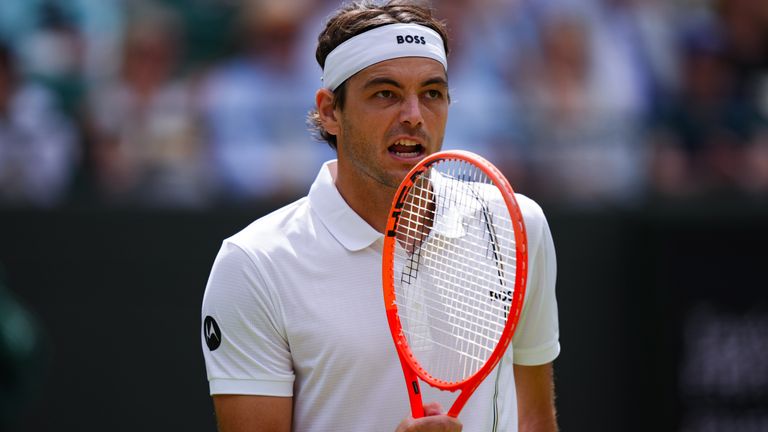 Taylor Fritz of the United States during his Gentlemen's Singles match against Dusan Lajovic of Serbia on day two of the 2026 Wimbledon Cham