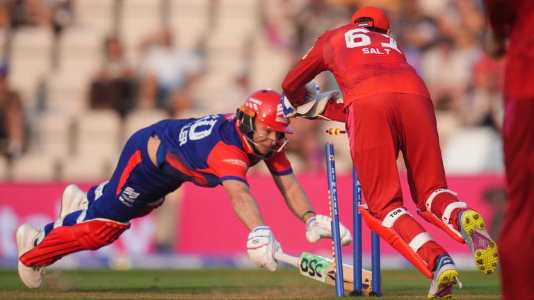 Welsh Fire's Phil Salt runs out Southern Brave's David Miller in The Hundred