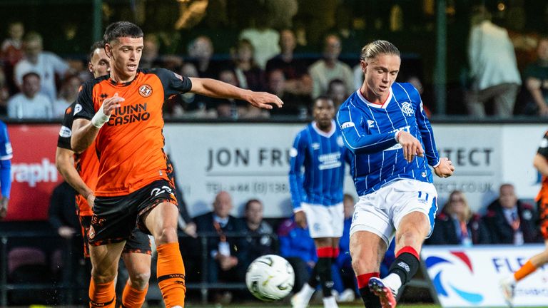 DUNDEE, SCOTLAND - JULY 31: Rangers' Thelo Aasgaard scores to make it 1-1 during a William Hill Premiership match between Dundee United and Rangers at the CalForth Construction Arena at Tannadice Park, on July 31, 2026, in Dundee, Scotland. (Photo by Craig Foy / SNS Group)