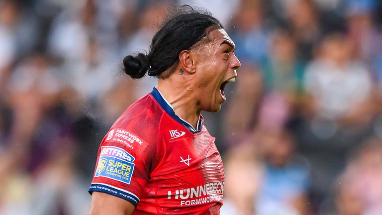 Hull KR's Tom Amone celebrates his try against Hull FC.