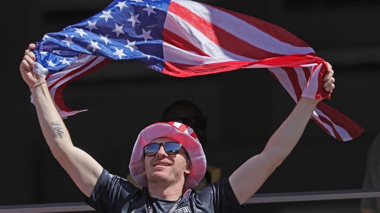 SANTA CLARA, CA - JULY 01, 2026: A United States fan before the World Cup round of 32 knock out match between United States and Bosnia and Herzegovina at Levi's Stadium on Wednesday, July 1, 2026 in Santa Clara, CA. (Robert Gauthier / Los Angeles Times)