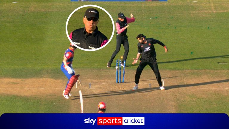 Umpire Nigel Long had a lucky escape as Marcus Stoinis hammered a drive straight back down the ground, only for the ball to strike the wickets and avoid the official.
