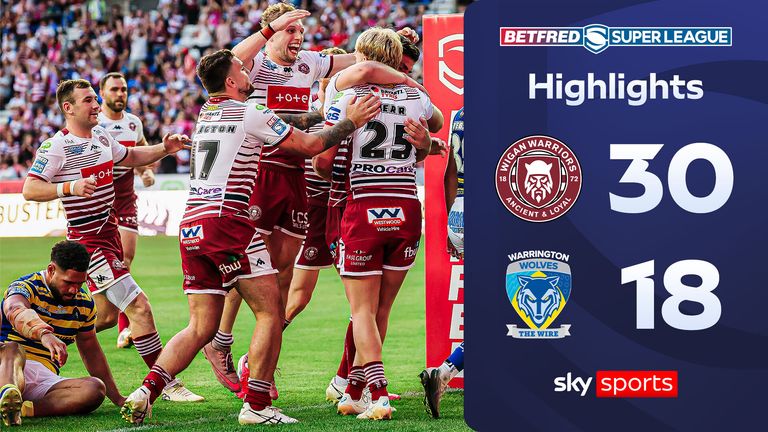 Highlights of the Super League match between Wigan Warriors and Warrington Wolves.