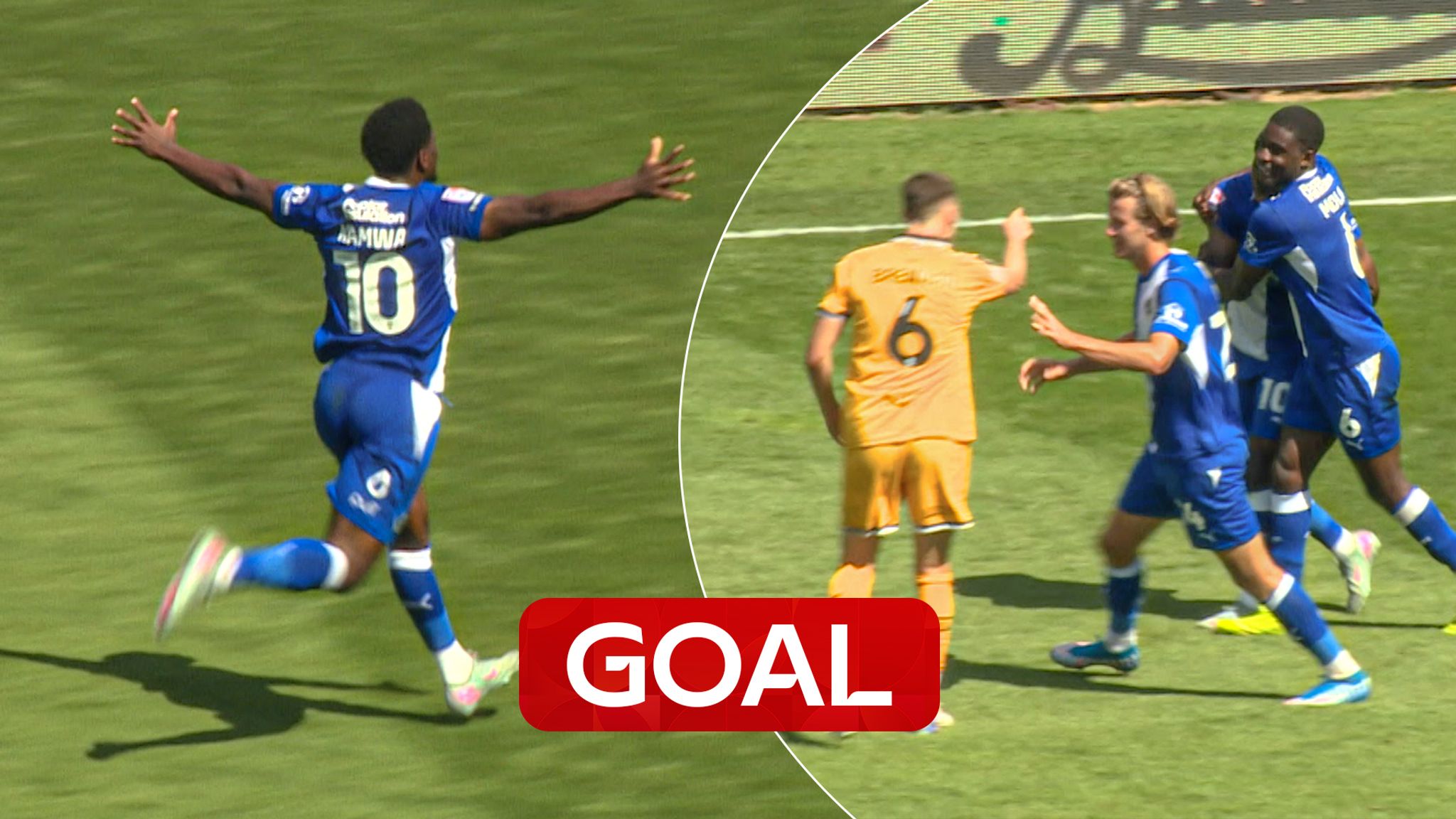 Bristol Rovers' Bobby Kamwa runs the length of the pitch to celebrate in  front of former side Newport County fans.