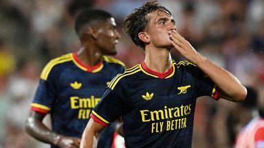 Max Dowman of Arsenal celebrates scoring his team's third goal during the pre-season friendly against Girona 