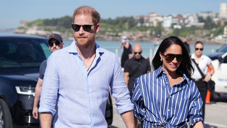 Harry and Meghan on a visit to Bondi Beach, Australia, in April 2026. Pic: Jonathan Brady/PA Wire