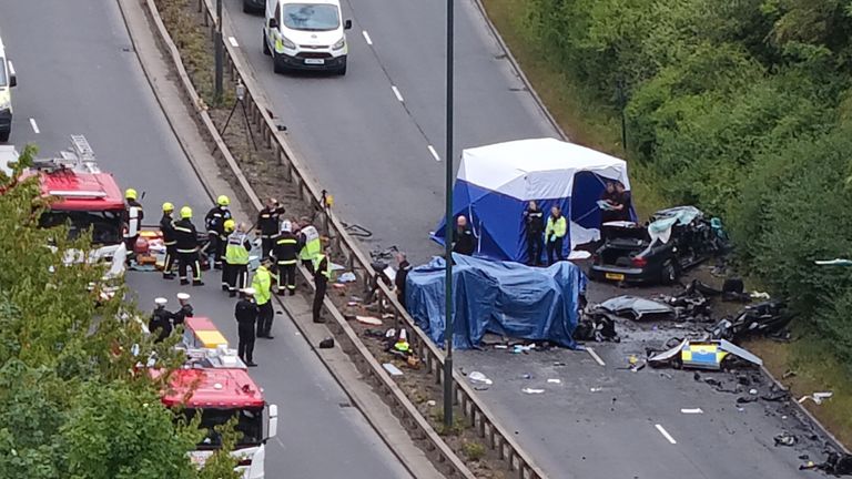 Police at the scene of the fatal crash on the A66: Pic: YappApp