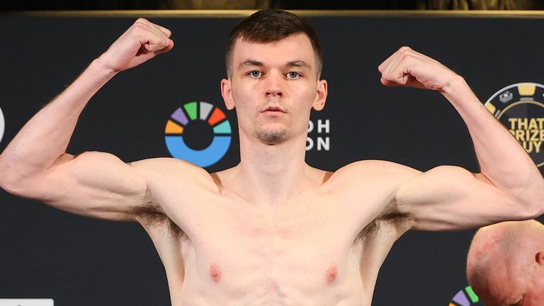 DUBLIN, IRELAND - AUGUST 7: Aaron McKenna poses on the scale at the official weigh-in for Zuffa Boxing 10 on August 7, 2026 at the Clayton Hotel Cardiff Lane in Dublin, Ireland.  (Photo by Ed Mulholland/Zuffa Boxing)     