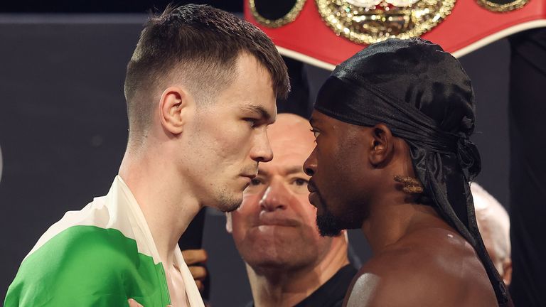 DUBLIN, IRELAND - AUGUST 7: Aaron McKenna and Etinosa Oliha face-off at the ceremonial weigh-in for Zuffa Boxing 10 on August 7, 2026 at the 3Arena in Dublin, Ireland.  (Photo by Ed Mulholland/Zuffa Boxing)