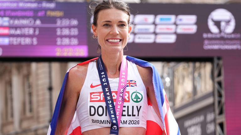 Abbie Donnelly of Great Britain celebrates with the bronze medal after finishing third in the Women's Marathon on day seven of the 2026 Euro