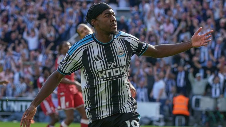 Anthony Elanga celebrates after giving Newcastle a 1-0 lead against Liverpool