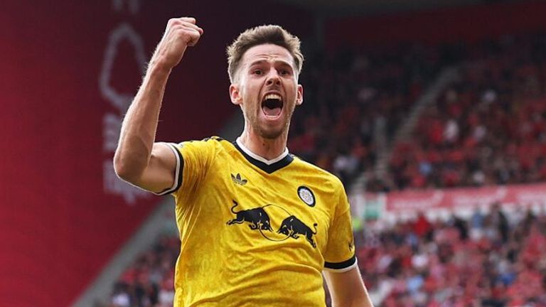 Anton Stach celebrates after putting Leeds 1-0 up late on at Nottingham Forest