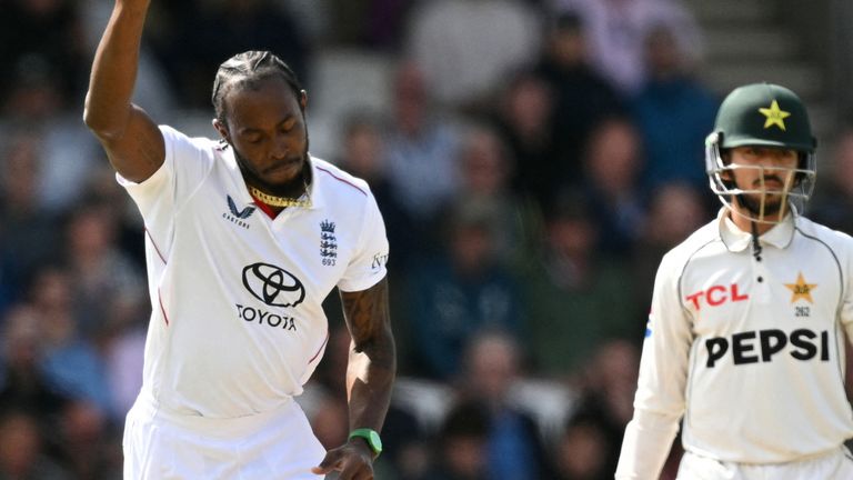 England's Jofra Archer celebrates after taking the wicket of Pakistan's Imam-ul-Haq